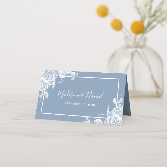 Carte De Placement Mariage Fleur Bleu Poussiéreux (Dos)