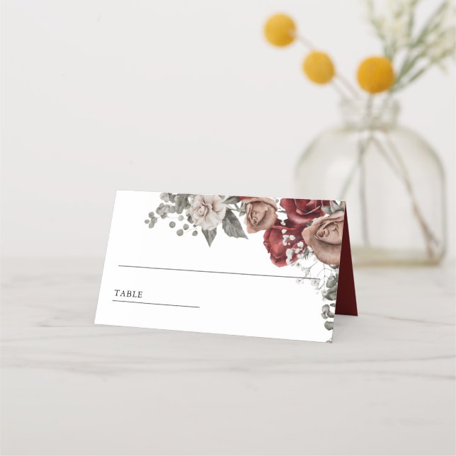 Carte De Placement Mariage Fleur de Roses Rouge Bourgogne (Devant)