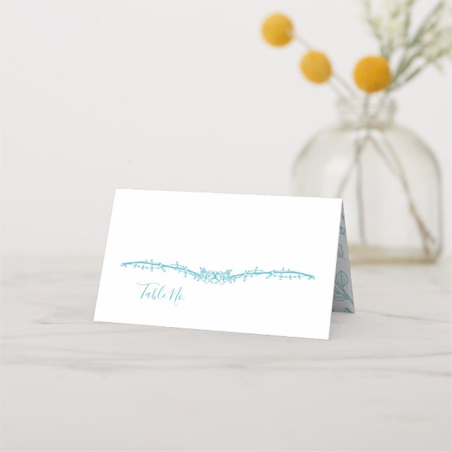 Carte De Placement Mariage Fleurie Rose Trémière Turquoise Bleu (Devant)