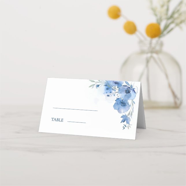 Carte De Placement Mariage Fleurs Aquarelle Art Fin Bleu (Devant)