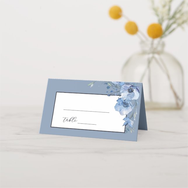 Carte De Placement Mariage Fleurs Aquarelle Beaux-Arts Bleues (Devant)
