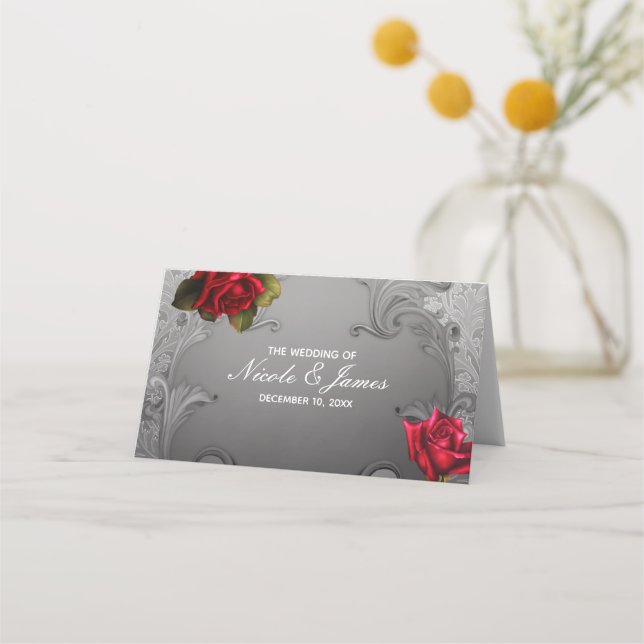 Carte De Placement Mariage Fleurs Rouges Ornementales Argentées Table (Devant)