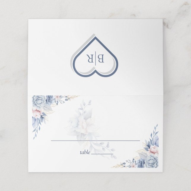 Carte De Placement Mariage Floral Aquarelle Bleu Élégant (Extérieur déplié)