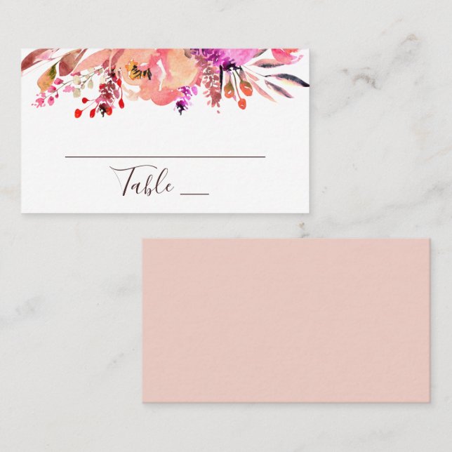 Carte De Placement Mariage floral aquarelle rose pêche. Feuillage d'a (Devant / Derrière)