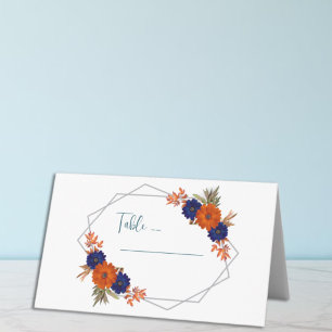 Carte De Placement Mariage Floral Automnal Rustique Orange Bleu Marin