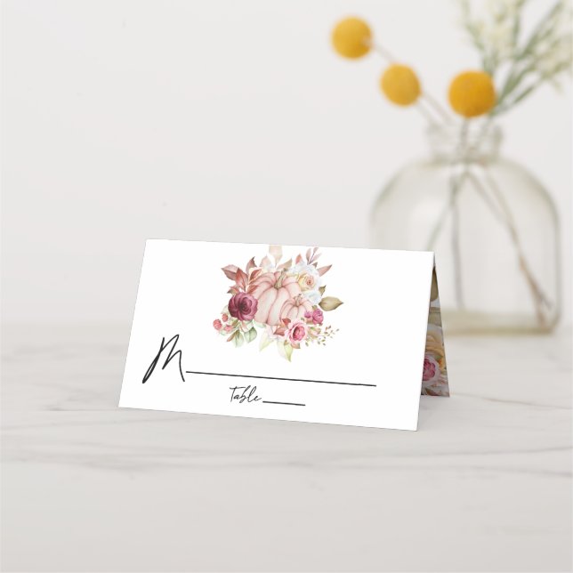 Carte De Placement Mariage Floral Automne rose Bourgogne Citrouille (Devant)