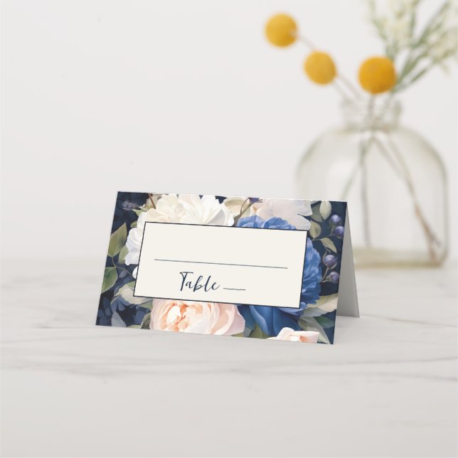 Carte De Placement Mariage floral bleu bleu marine et bleu roux (Devant)