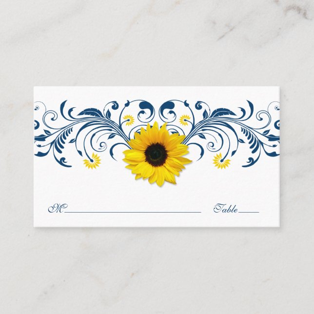 Carte De Placement Mariage floral bleu bleu marine tournesol blanc (Devant)