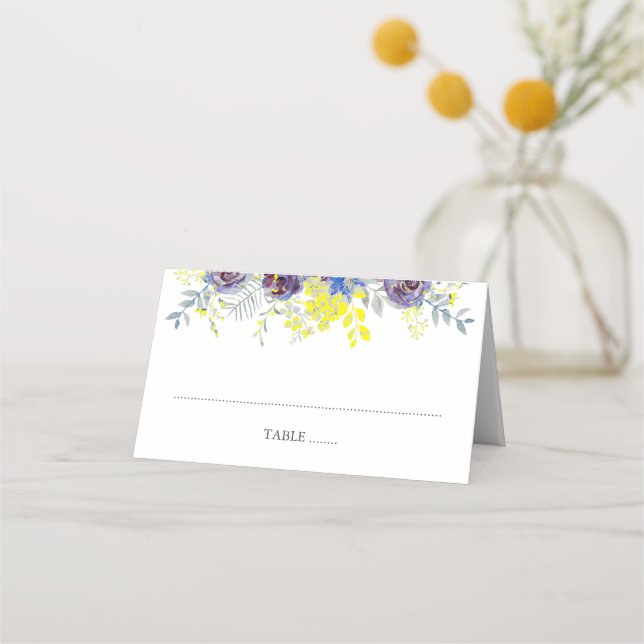 Carte De Placement Mariage Floral bleu et jaune (Devant)