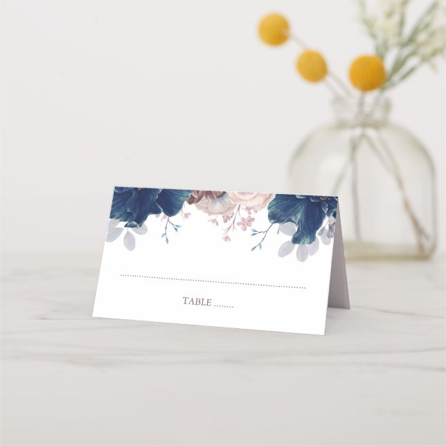 Carte De Placement Mariage floral bleu marine et mauve (Devant)
