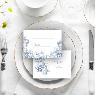 Carte De Placement Mariage Floral Bleu Poussiéreux Élégant Classique