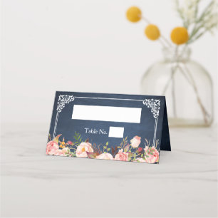 Carte De Placement Mariage Floral Cadre Vintage Tableau Noir Bleu Mar