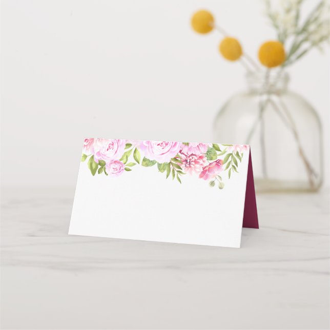 Carte De Placement Mariage Floral de Teinte Rose Foncé et de Verdure (Devant)