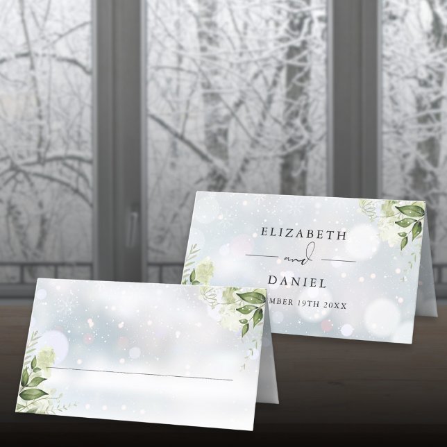 Carte De Placement Mariage Floral de Verdure Rustique Hiver Flocons d (Rustic Greenery Floral Winter Snowflakes Wedding Place Card)