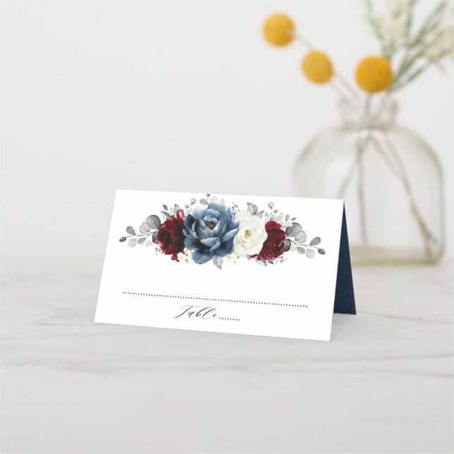 Carte De Placement Mariage floral d'ivoire blanc bleu ardoise (Devant)