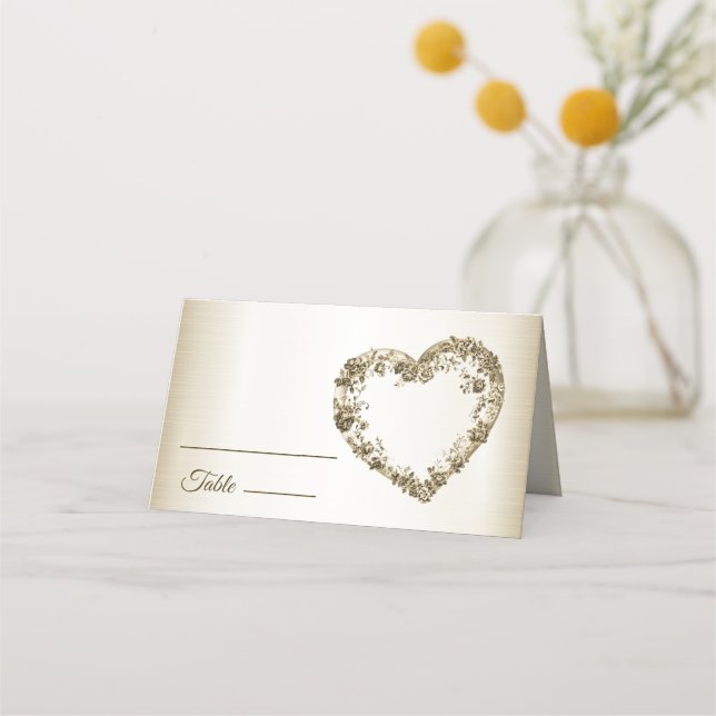 Carte De Placement Mariage Floral Golden Ornate Heart Frame Party (Devant)