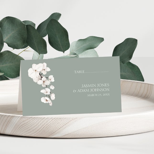 Carte De Placement Mariage Floral Moderne aux Orchidées Blanches et V (Modern Sage Green White Orchids Wedding Table Place Card)