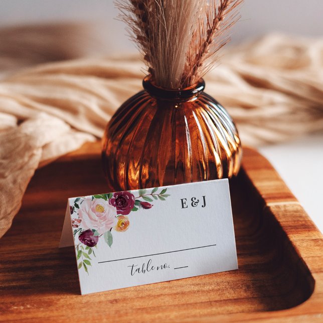 Carte De Placement Mariage Floral Monogramme Rose Bourgogne Rustique  (Créateur téléchargé)