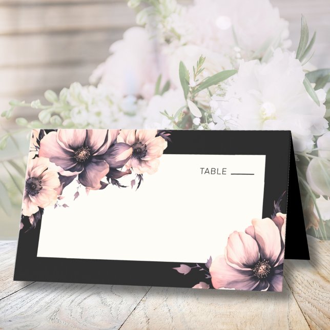 Carte De Placement Mariage Floral Noir et Rose (Black Pink Floral Wedding Place Card)