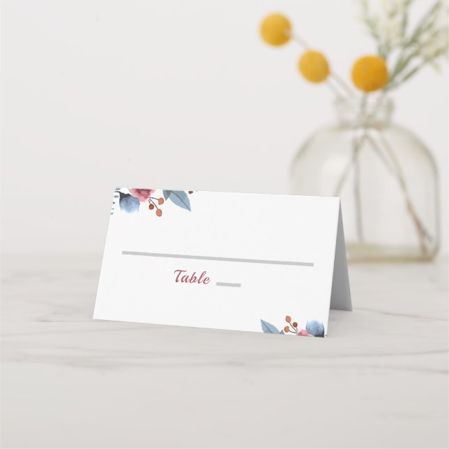 Carte De Placement Mariage Floral, Rose & Bleu Aquarelle Table (Devant)