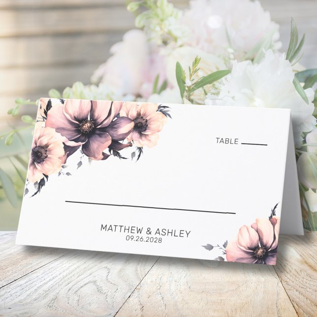 Carte De Placement Mariage Floral Rose Élégant Moderne Aquarelle (Modern Elegant Watercolor Floral Pink Wedding Place Card)