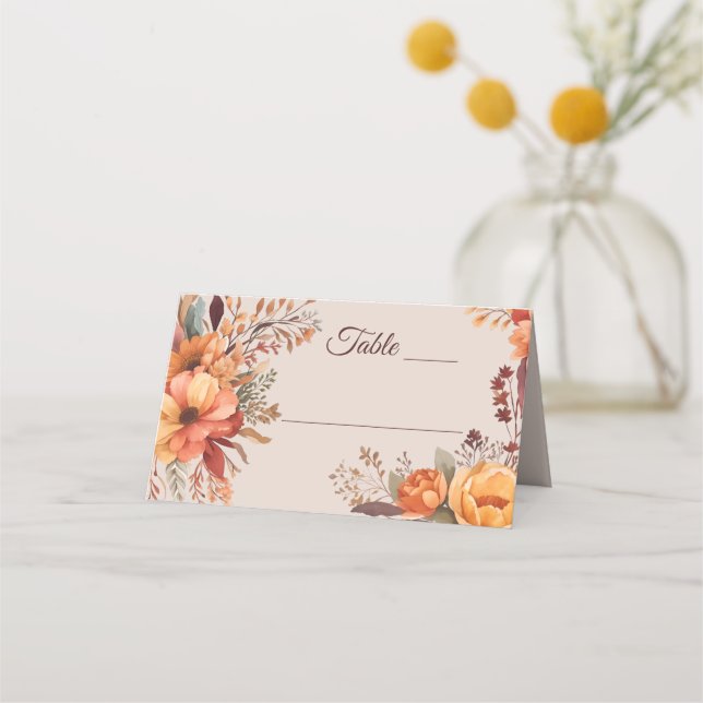 Carte De Placement Mariage Floral Rustique à l'Aquarelle d'Automne  (Devant)