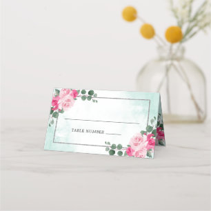 Carte De Placement Mariage floral vert rose et argent