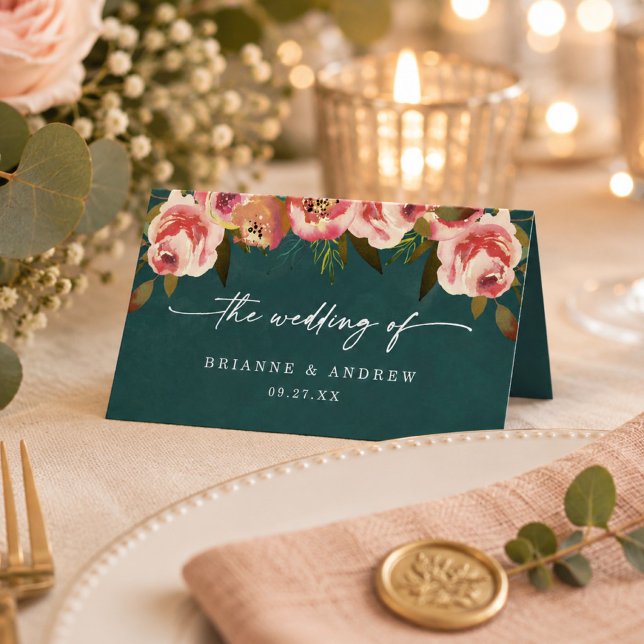 Carte De Placement Mariage Floral Vert Sarcelle Profond Chic Blooming (Moody dark teal reserved seating wedding placecards)