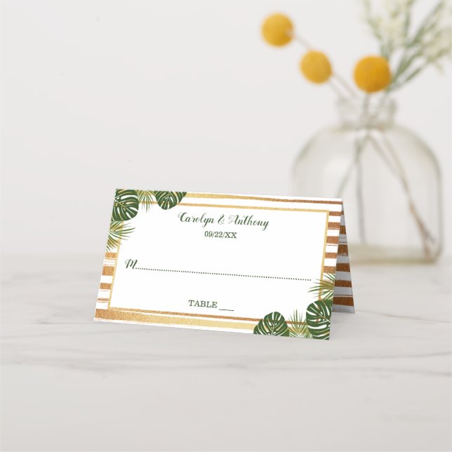 Carte De Placement Mariage Gold Foil & Green Palm Leaf Beach (Devant)