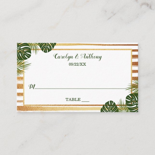 Carte De Placement Mariage Gold Foil & Green Palm Leaf Beach (Devant)