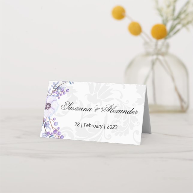Carte De Placement Mariage gris Damas et mauve Berry (Devant)