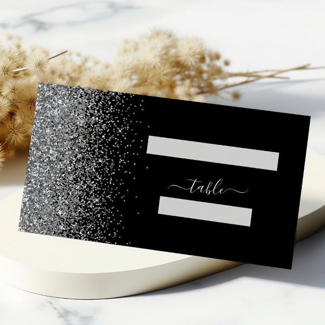 Carte De Placement Mariage Moderne Bordure Pailletée Noir Argent (Créateur téléchargé)