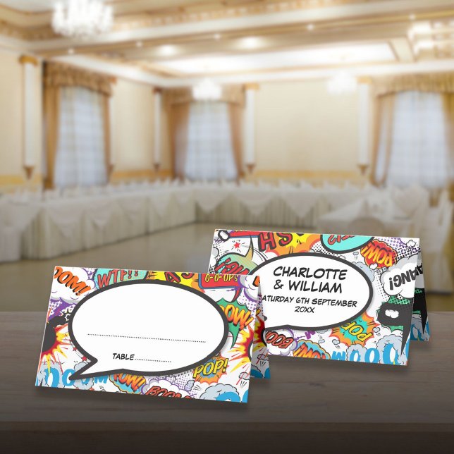 Carte De Placement Mariage Moderne Livre de Bande Dessinée Typographi (Modern Wedding Colorful Typographic Comic Book Place Card)