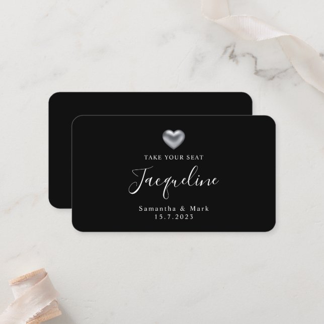 Carte De Placement Mariage moderne simple Silver Heart Plat Place Car (Devant/Arrière en situation)