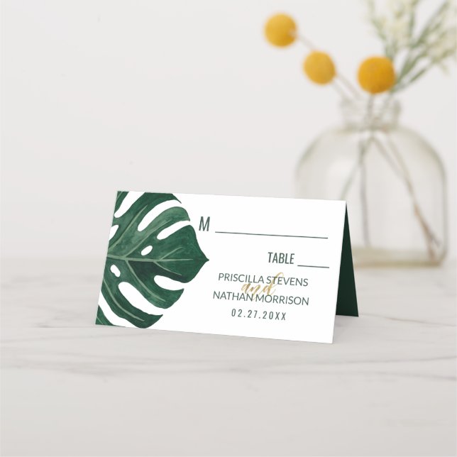 Carte De Placement Mariage moderne Tropical Suisse feuille d'or au fr (Devant)