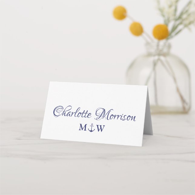 Carte De Placement Mariage monogramme bleu marine d'ancrage nautique (Devant)