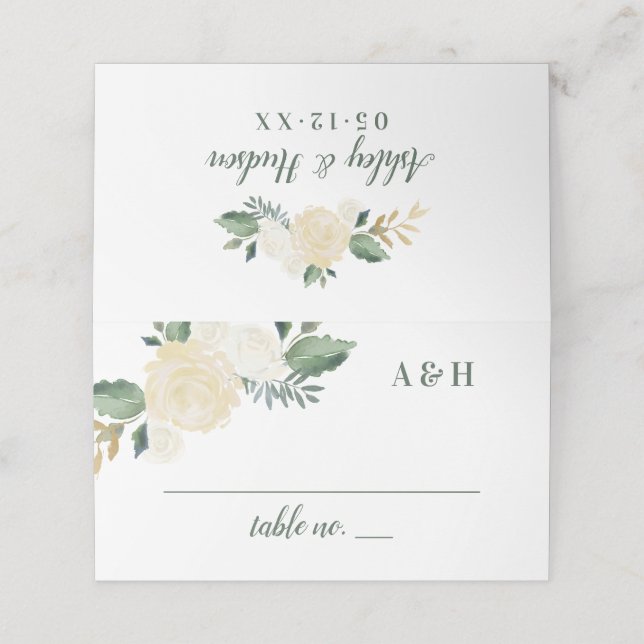 Carte De Placement Mariage Monogramme Floral Vert Or (Extérieur déplié)