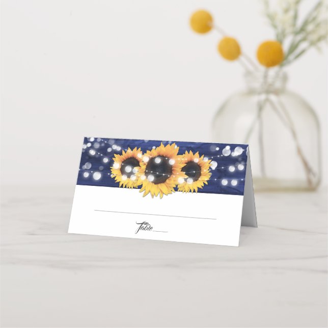 Carte De Placement Mariage Navy Blue Sunflower Rustic Wood Lights (Devant)