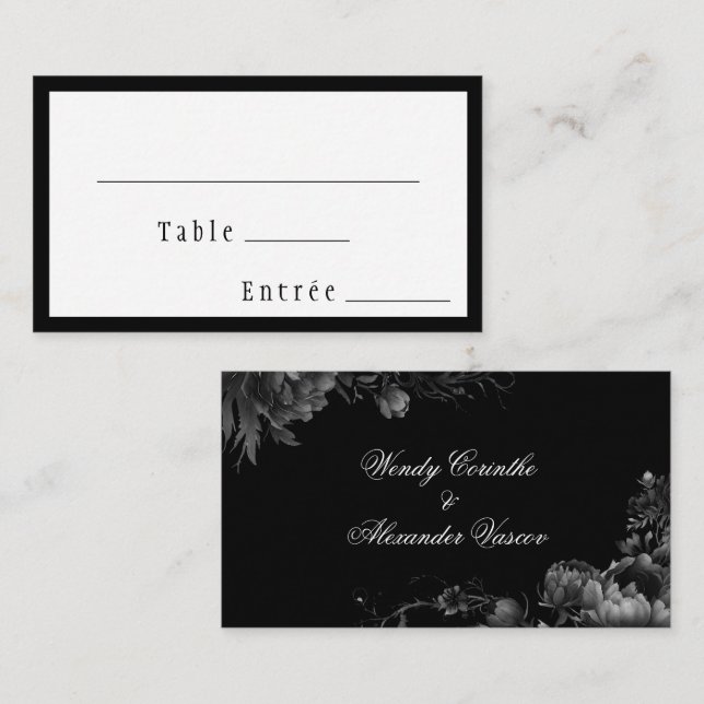 Carte De Placement Mariage noir gothique classique Menu Choix plat (Devant / Derrière)