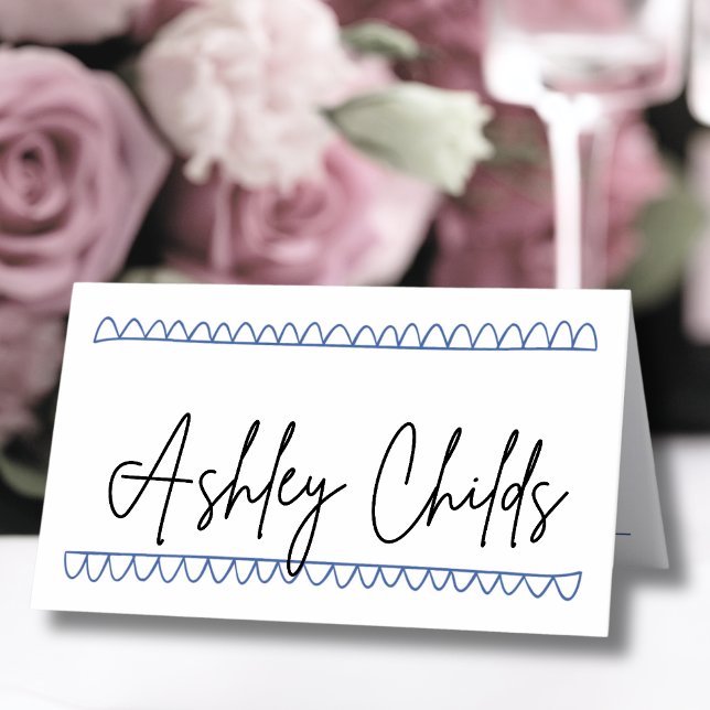 Carte De Placement Mariage Nom Fantaisiste Bleu Dessiné à la Main (Hand Drawn Blue Whimsical Name Wedding Place Card )