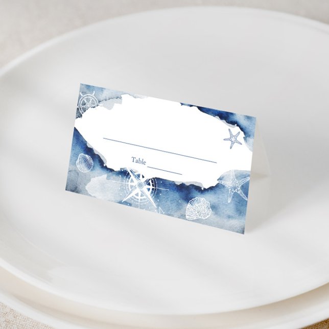 Carte De Placement Mariage ou Fête de Mariage Nautique à l'Aquarelle (Nautical inspired navy blue and white place cards)