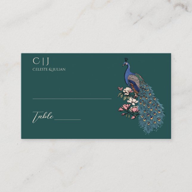 Carte De Placement Mariage Paon sarcelle et Magnolia (Devant)