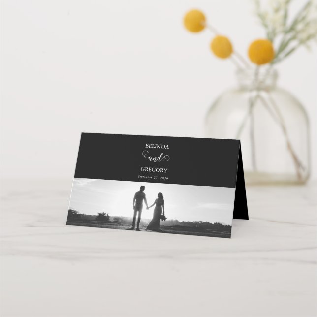 Carte De Placement Mariage photo moderne en noir et blanc (Dos)