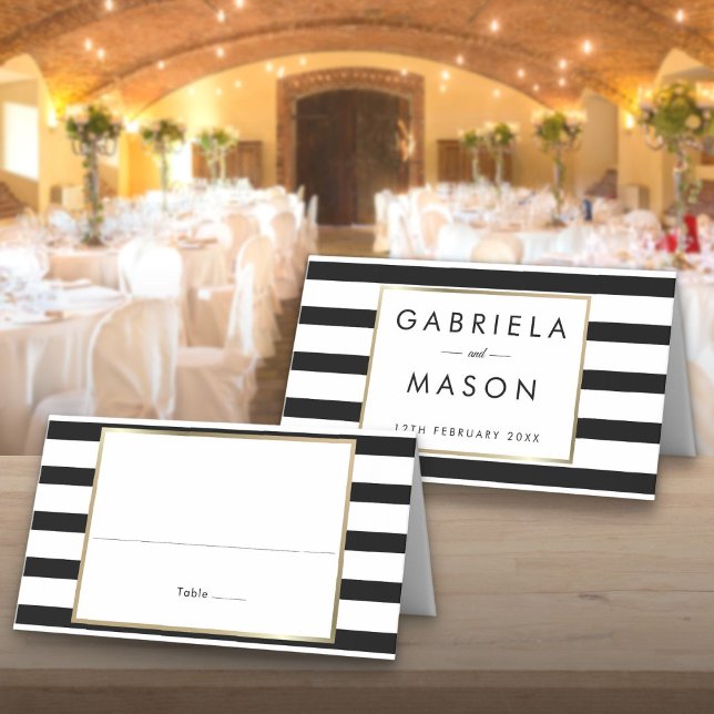 Carte De Placement Mariage Rayure Classique | Faux Papier D'or (Classic Stripe Wedding | Faux Gold Foil Place Card)