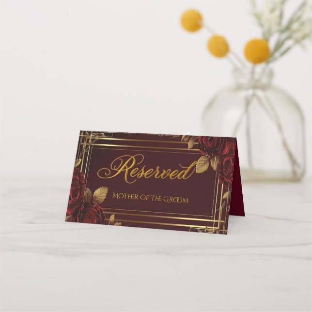 Carte De Placement Mariage romantique avec rose rouge de Bourgogne (Devant)