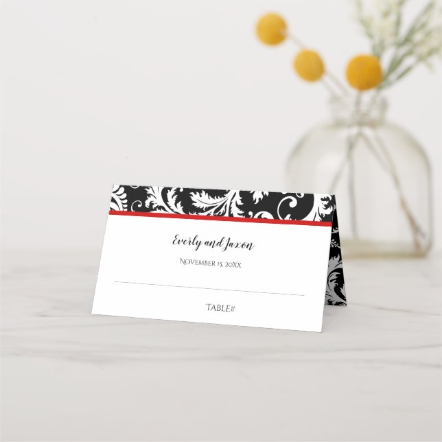 Carte De Placement Mariage rouge damassé noir et blanc (Dos)