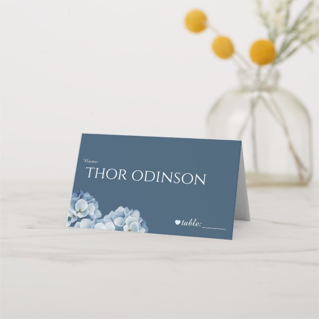 Carte De Placement Mariage Ruban Élégant Hydrangea Bleu (Devant)