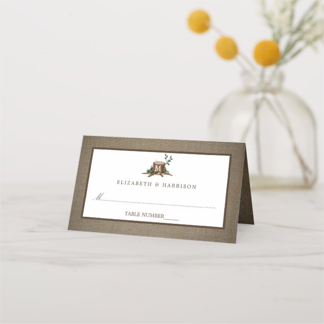 Carte De Placement Mariage rustique avec monogramme d'arbre et toile  (Devant)