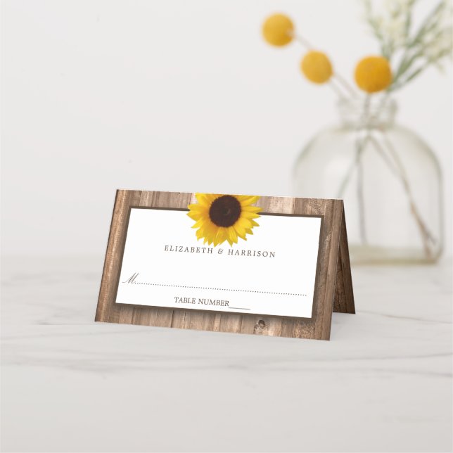Carte De Placement Mariage rustique de tournesol et de bois (Devant)