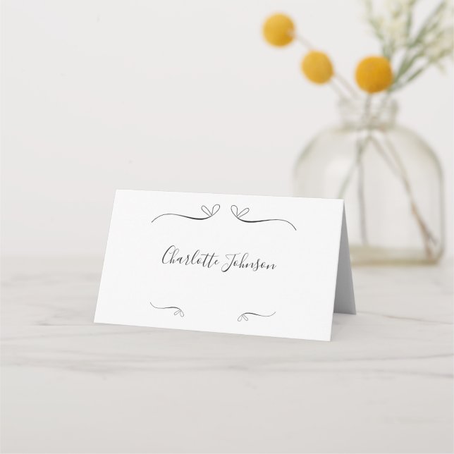 Carte De Placement Mariage Script minimal noir et blanc Nom Lieu (Devant)